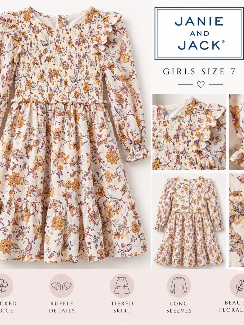 Janie and Jack Girls Size 7 Floral Smocked Tiered Dress Long Sleeve Cottagecore